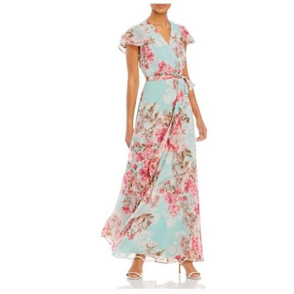 Eliza J Cascading Ruffled Floral Maxi Dress Faux Wrap Flutter Sleeve A-Line 10 - Picture 2 of 13